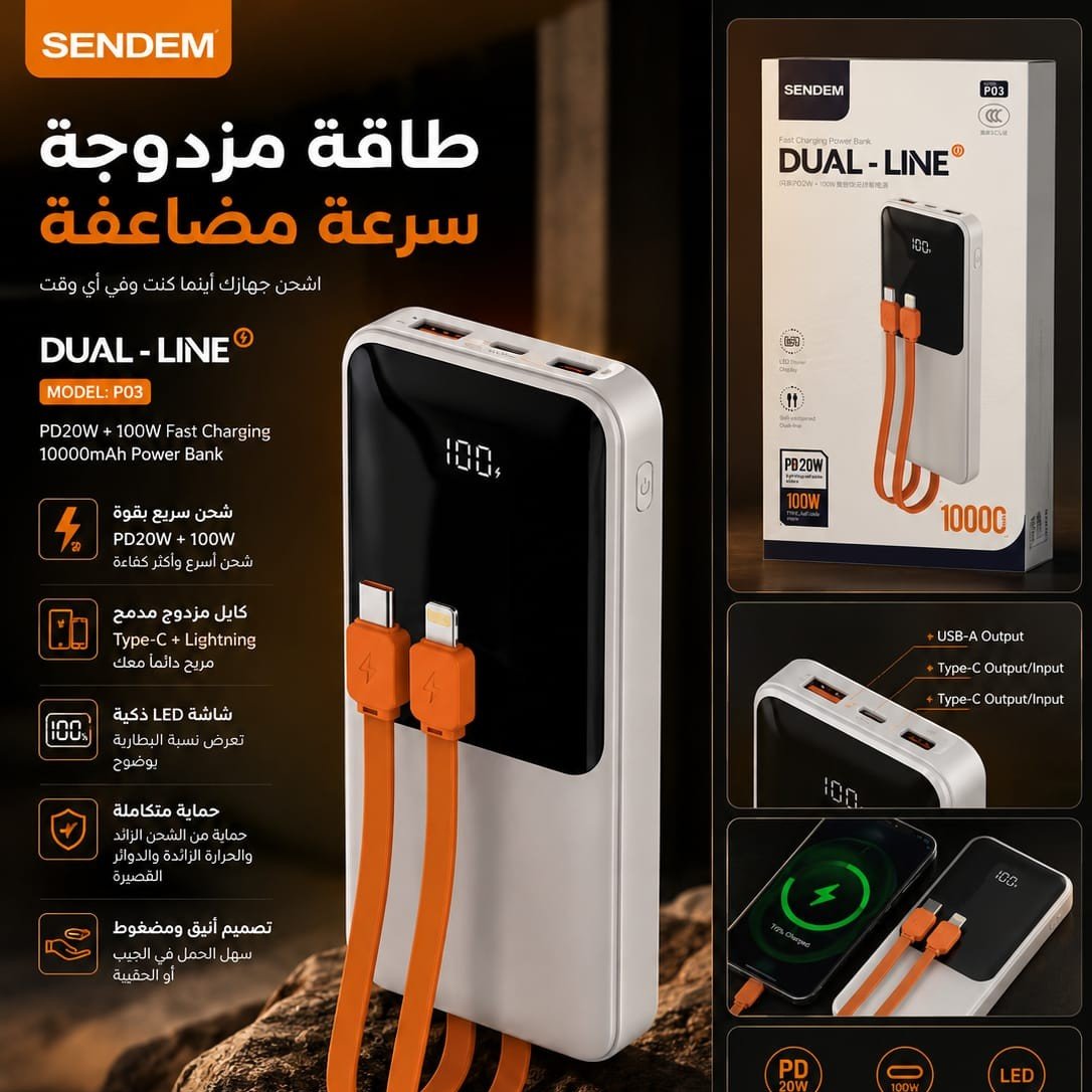114 باور بانك SENDEM P03 DUAL-LINE سعة 10000mAh - الصورة 1