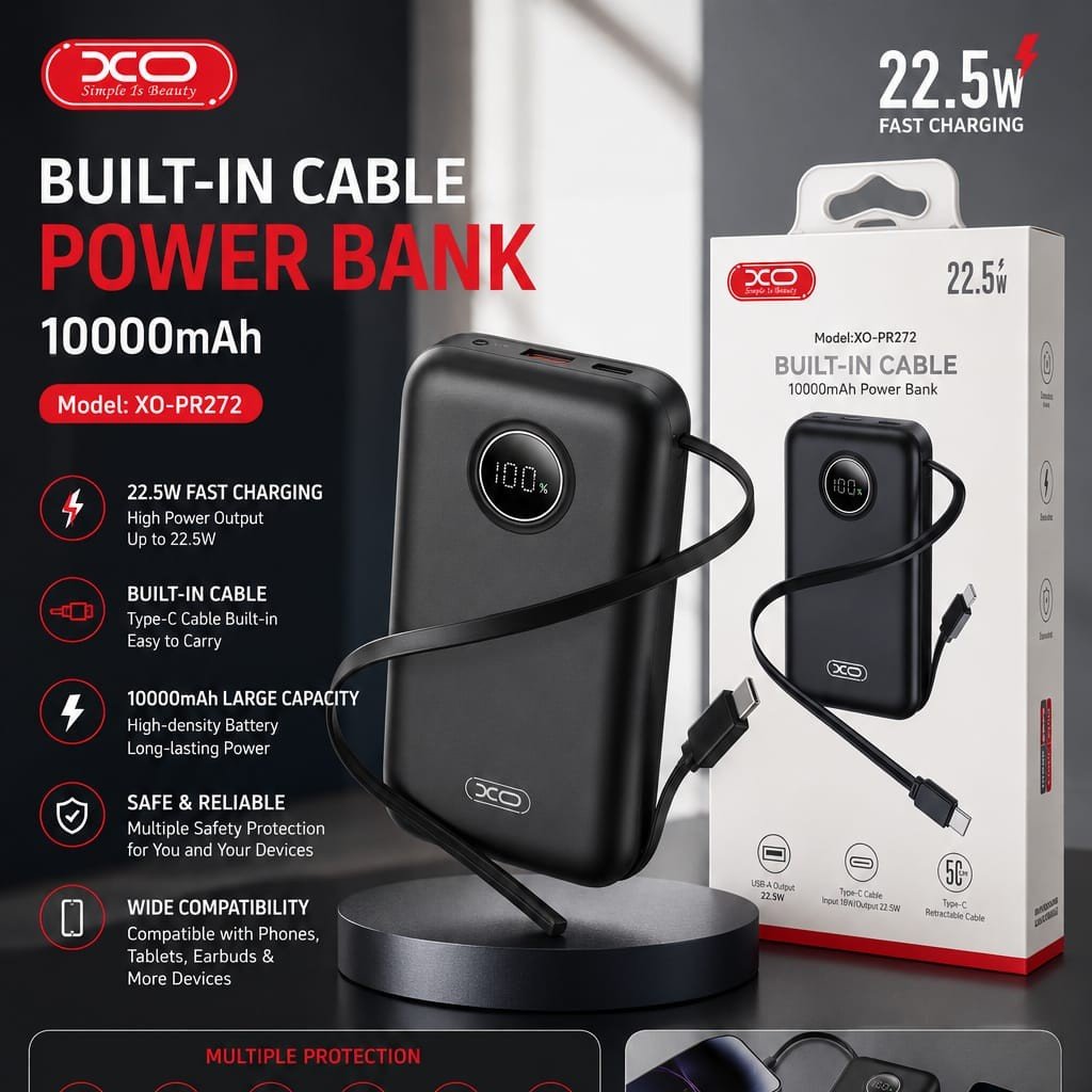 128 باور بانك XO PR272 - Built-In Cable Edition سعة 10000mAh - الصورة 1
