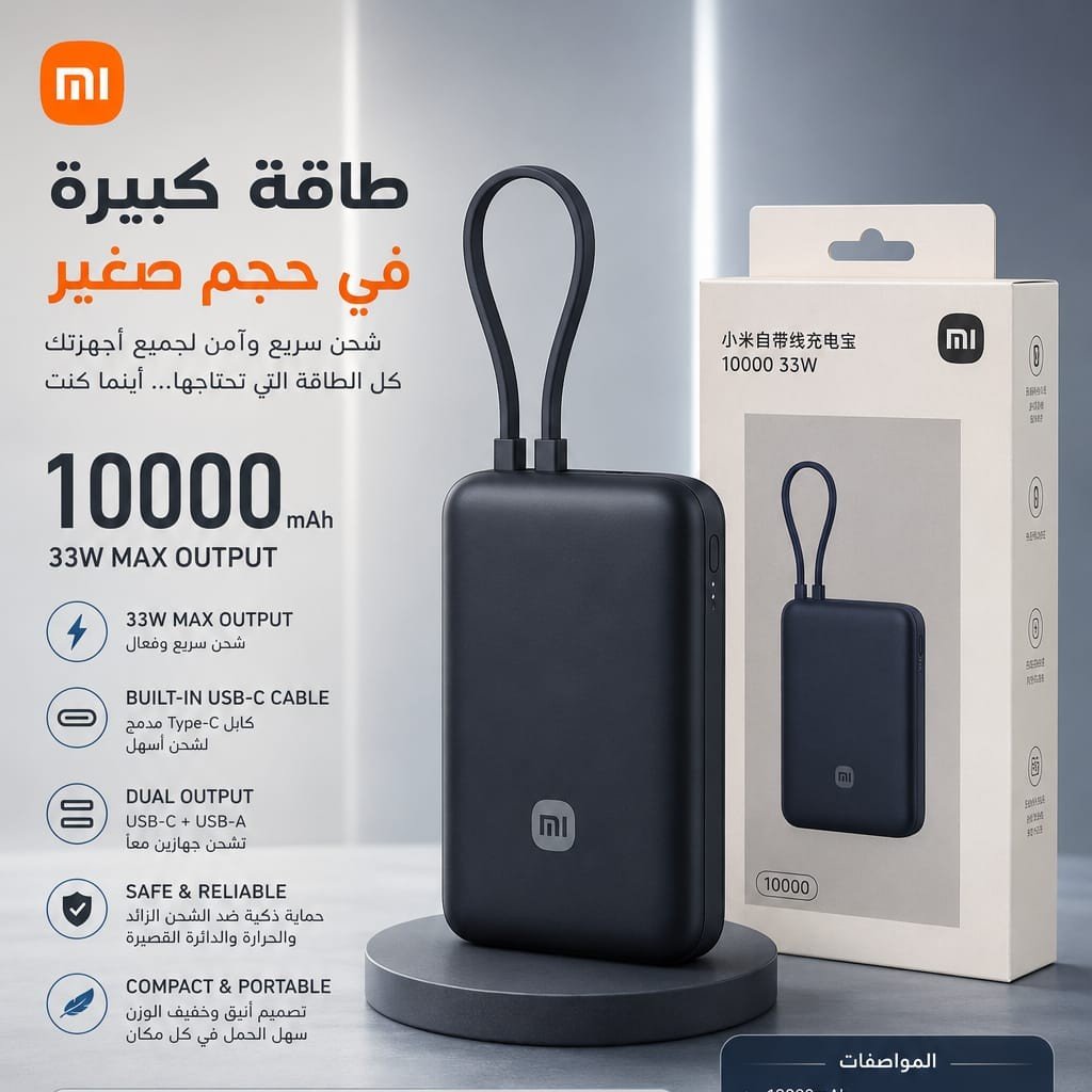 130 باور بانك Xiaomi Power Bank – 33W (بكابل مدمج) سعة 10000mAh - الصورة 1